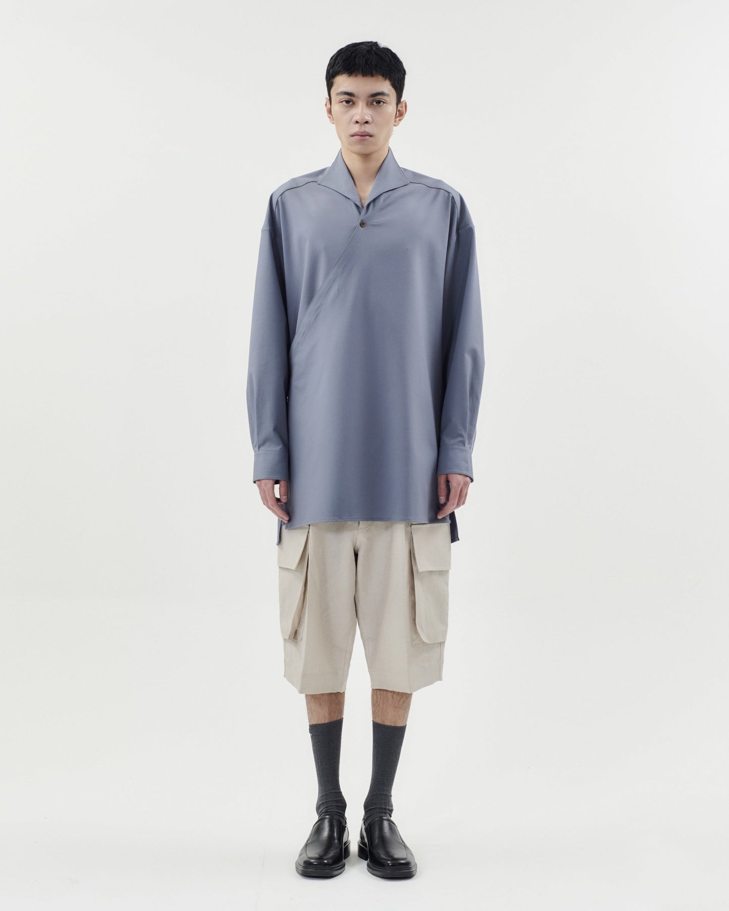 TAOSCHIR F01A-B02401 Overlap-Front Tunic Shirt Gray Blue front