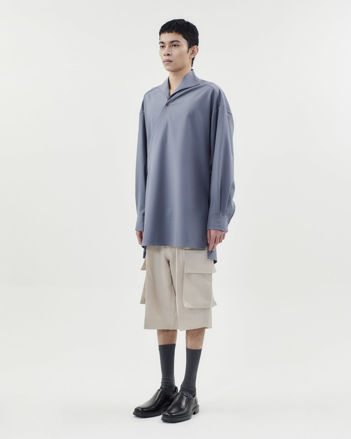 TAOSCHIR F01A-B02401 Overlap-Front Tunic Shirt Gray Blue side